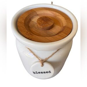 Belle Maison White Ceramic “Blessed” Storage Jar Container Wooden Lid 6.5” Tall